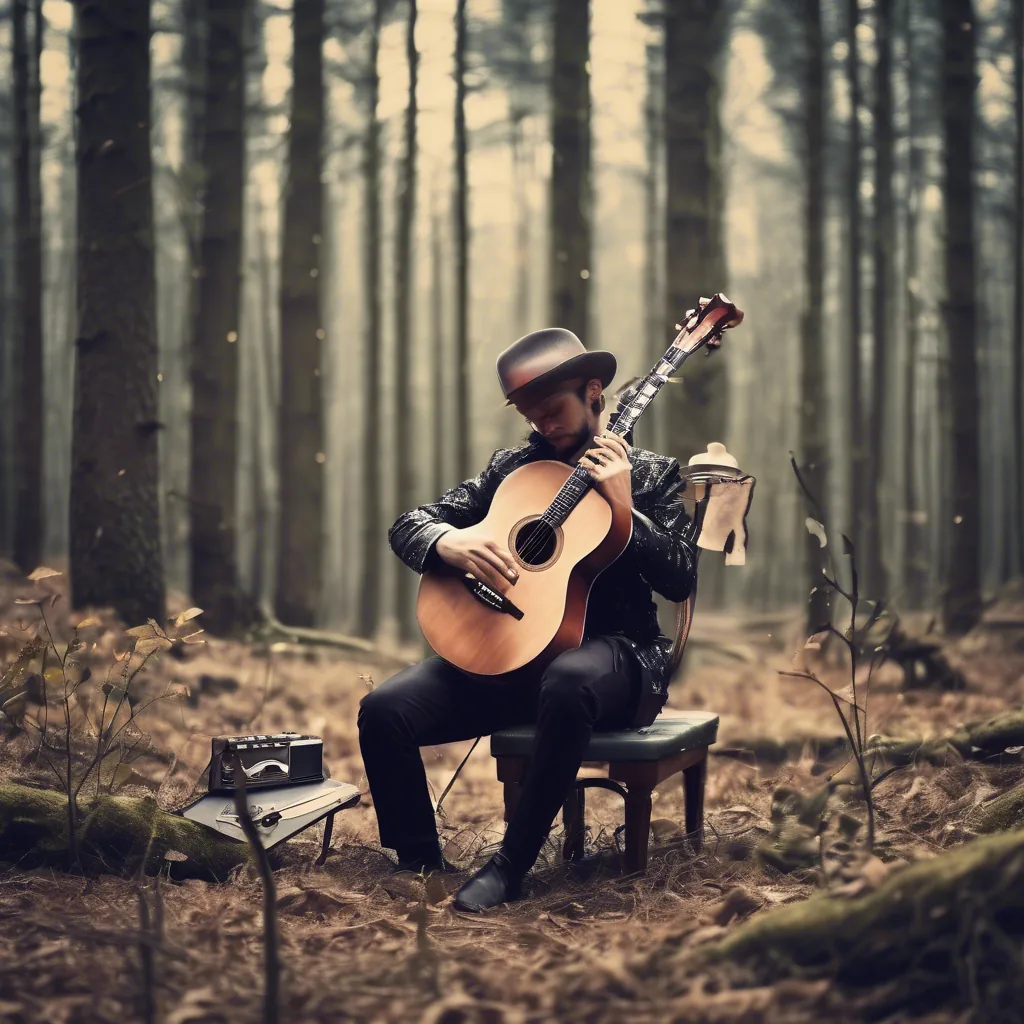 A musician playing guitar among tall trees